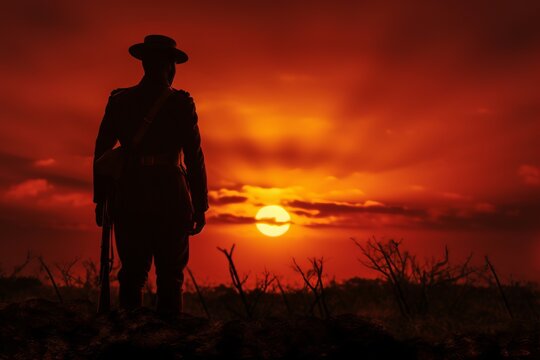 A soldier's silhouette against a setting sun