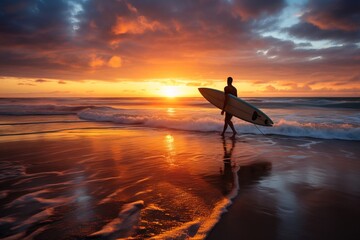 A surfer catching a wave at sunrise