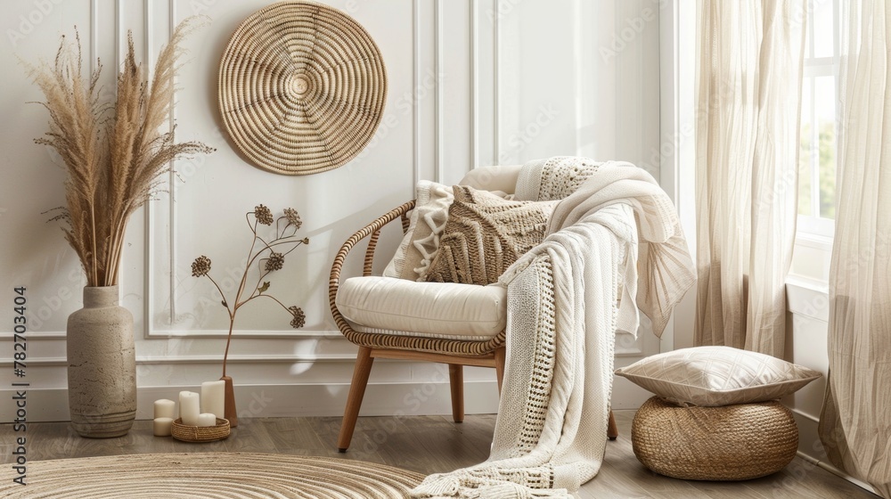 Poster create a cozy reading nook by hanging the woven wall art above a plush armchair and surrounding it w