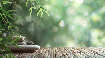 Serenity in nature with stacked stones, bamboo leaves, and soft bokeh, perfect for spa, meditation,...