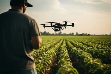 Aerial drone surveying crop health on a farm - obrazy, fototapety, plakaty
