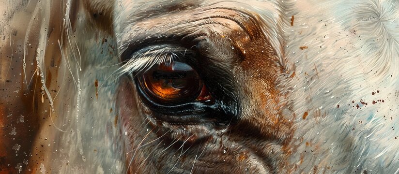 Close-up painting capturing intricate details of a horse's eye, focusing on a notable brown mark, enhancing the realism