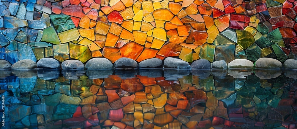 Poster a close-up view of a vibrant and colorful mosaic wall with small rocks submerged in the water below