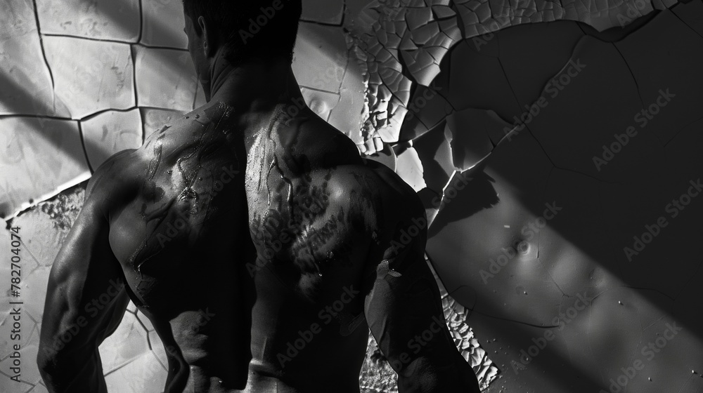 Aufkleber in front of a cracked mirror the shadows fall in just the right places accentuating the sharp lines 
