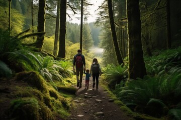 Family hiking through a lush forest trail