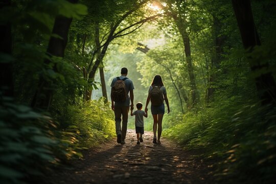 Family hiking through a lush forest trail