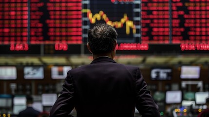 A man is looking at a stock market board with a red background