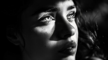 Fototapeta premium A woman with long dark hair and brown eyes is looking at the camera
