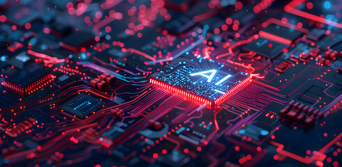 Obraz premium Digital Fusion: Cinema4D-Rendered Circuit Board Featuring AI Emblem, Multiple Screens Website Design