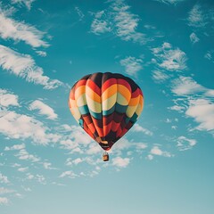 Fototapeta premium Hot air balloon floating in a blue sky with white clouds.