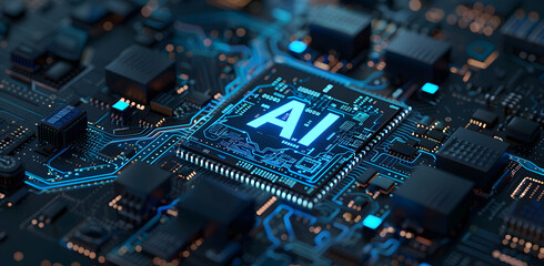 AI artificial brain, electronic circuits with AI intelligence, core of AI data operations, cyber tech.