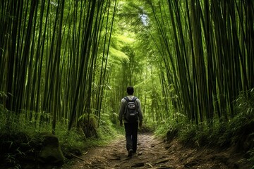 Hiker in a dense bamboo forest