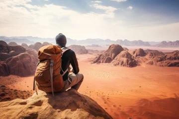 Zelfklevend Fotobehang A backpacker taking a moment to admire a vast desert landscape © KerXing