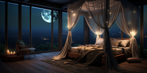  A peaceful navy blue and golden bedroom with a canopy bed, sheer curtains, and a view of the moonlit sky. - obrazy, fototapety, plakaty
