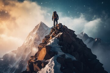 A close-up of a climber reaching the summit of a challenging peak