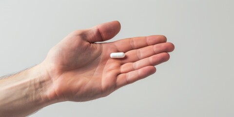 hand with white capsule on light background