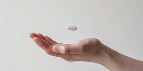 hand with white flying capsule on light background - obrazy, fototapety, plakaty