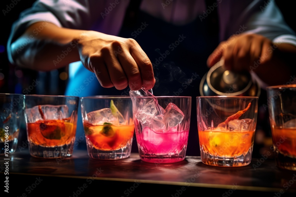 Poster mixologist using a bar spoon to layer different liquids in a glass of rum punch