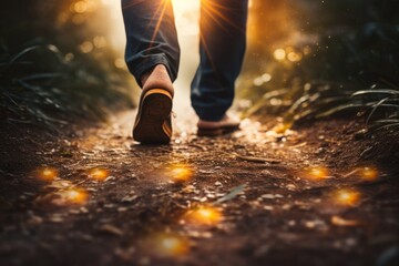 A close up of a person's feet walking on a path