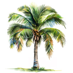 A palm tree is the main focus of the image, with its long green leaves