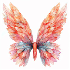 A butterfly with pink and blue wings is painted on a white background