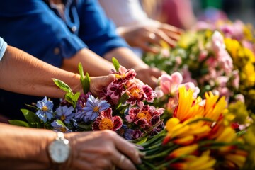 People arranging flowers on a table