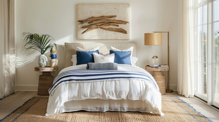 The bedroom is a serene retreat with a crisp white bed adorned with a blue and white striped duvet and linen throw pillows. Woven seagrass accents such as a rug and side table bring .