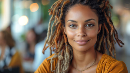 Woman with dreadlocks smiling at the camera during a meeting in a business office. Mature and professional business woman leading a corporate team towards success.