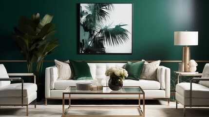 Artwork adorning a soft white sofa set against a striking emerald green wall, creating a harmonious ambiance. - obrazy, fototapety, plakaty