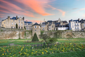Vannes, beautiful city in Brittany, old half-timbered houses in the ramparts garden. - 782708639