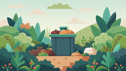 An outdoor compost bin surrounded by a thriving vegetable garden showcasing the practice of composting to reduce food waste and create