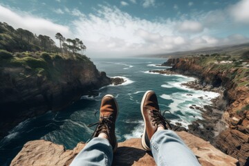 A traveler's feet dangling over a cliff's edge - Powered by Adobe