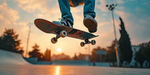skateboarding and skater in air at park doing tricks, skating and having fun in urban town. - obrazy, fototapety, plakaty