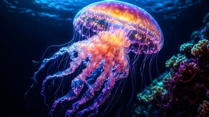 Glowing transparent jellyfish swimming in the depth of the ocean 