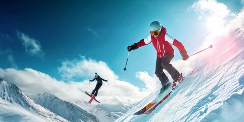 Extreme winter sports. Skiing. Jumping skier.