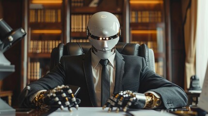 A robot businessman with a sharp business suit sits confidently at an executive desk in a luxurious office. An Android robot businessman in a stylish CEO outfit sits in the executive office. - obrazy, fototapety, plakaty