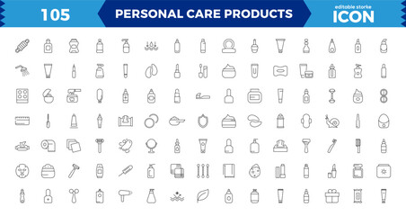 outline icons related to personal care products. Linear icon collection,Skin care line icons set. Moisture cream, acid, anti wrinkle serum. - obrazy, fototapety, plakaty