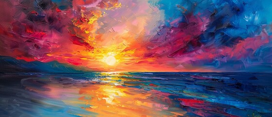 Vibrant, abstract oil painting of a summer paradise beach at sunset, using palette knife, on a dynamic background with intense lighting and colorful highlights