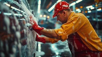 Man Hand-Washing Car at Professional Detailing Service - obrazy, fototapety, plakaty