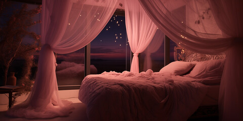  A peaceful pink bedroom with a canopy bed, sheer curtains, and a view of the moonlit sky.