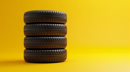 Fototapeta na wymiar Stack of Black Car Tires on Yellow Background