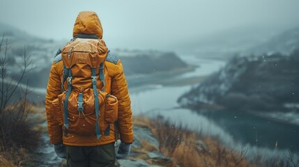 An adventurous man trekking explorer in the remote wilderness. Enjoy mountain life In hiking with a backpack back view