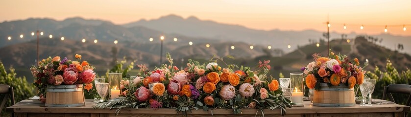 Bohemian sunset vineyard wedding, vibrant color palette, rustic wooden barrels as tables, and...