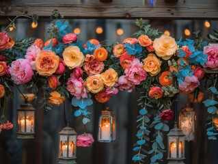 Bohemian mountain wedding, summer sunset, vibrant floral crowns, rustic wood and lace decor, with a backdrop of whimsical lanterns