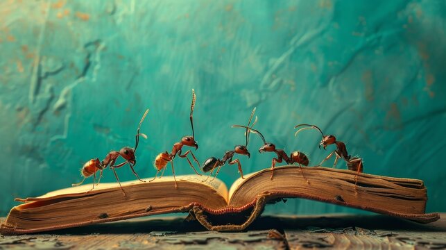 Five cheerful ants near one big book. Teal wall background