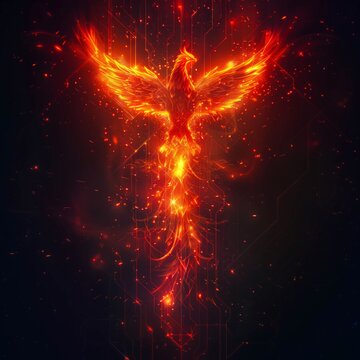 A fiery phoenix rising in a glowing cybernetic digital space.