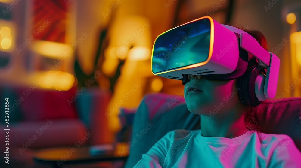 Poster a child engrossed in playing a virtual reality video game vivid colors of the game world reflected i