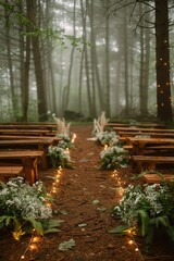 Enchanted woodland wedding, early spring, fairy lights woven through ancient trees, rustic wooden benches, and whimsical greenery