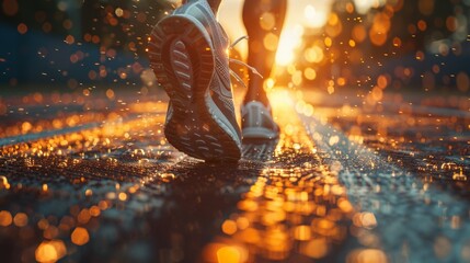 Close-up on sprinter's feet pushing off starting blocks, power and speed, focused, sharp morning light , 3D rendering, ultra high detail, Powerful, Close Up, AI Generative - obrazy, fototapety, plakaty