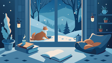 A cozy nook becomes a haven on a cold winters day the serene ambience of snowflakes falling outside in stark contrast to the warmth and comfort